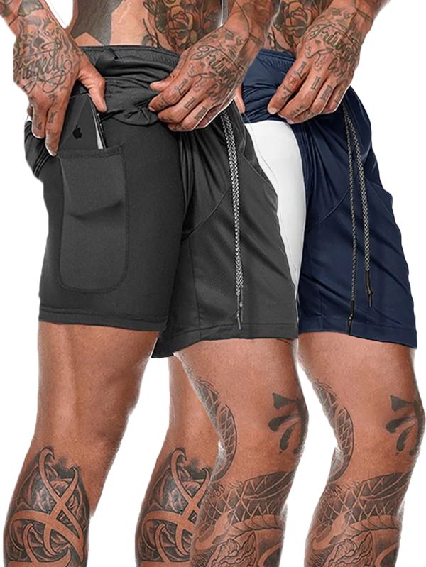 2 Pcs Men's Running Shorts, Quick Dry Lightweight Gym Workout Training Shorts With Inner Phone Pockets, Sport Performance Apparel