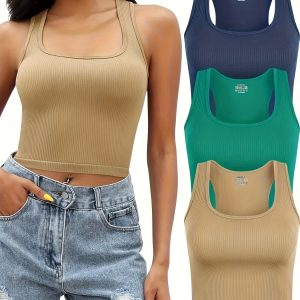 3 Solid Color Ribbed Crop Top Sports Vests, Sleeveless Running Training Crop Top Tops, Women's Tracksuits