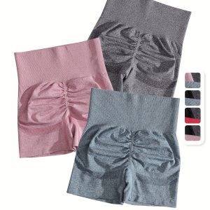 3pcs Solid Color Summer Yoga Shorts, High Waist Fitness Running Workout Sports Biker Shorts, Women's Activewear