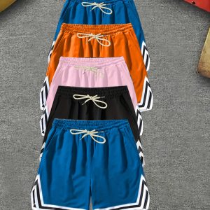 5pcs Men's Trendy Striped Drawstring Shorts With Pockets, Summer Outdoor, Basketball And Running Shorts