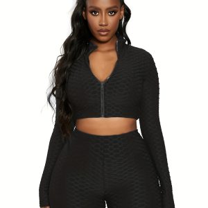 Plus Size Sports Outfits Set, Women's Plus Solid Textured Long Sleeve Zipper Mock Neck Skinny Crop Top & Biker Shorts Outfits Two Piece Set