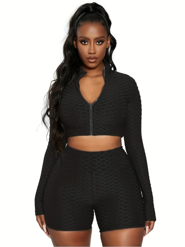 Plus Size Sports Outfits Set, Women's Plus Solid Textured Long Sleeve Zipper Mock Neck Skinny Crop Top & Biker Shorts Outfits Two Piece Set