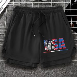 Summer Men's Casual Sports Shorts, 2 Pairs Of Running Shorts, Celebrity Style Casual Style Boutique Sports Shorts With Pockets, Drawstring Shorts, USA Letter Print